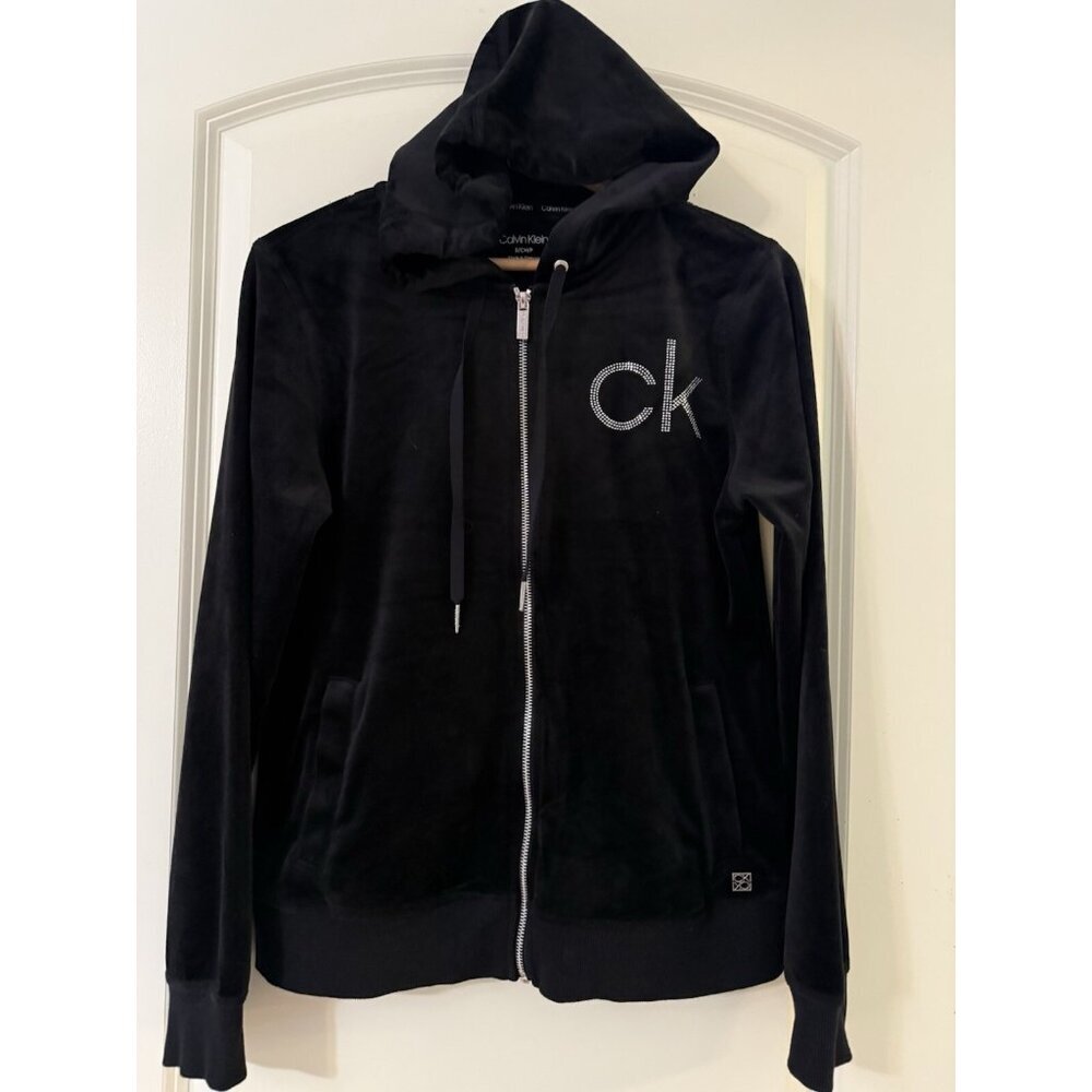 Calvin Klein Zip Up Hoodie Jacket Women's SZ Small Black Thick Velour Y2K HYGGE